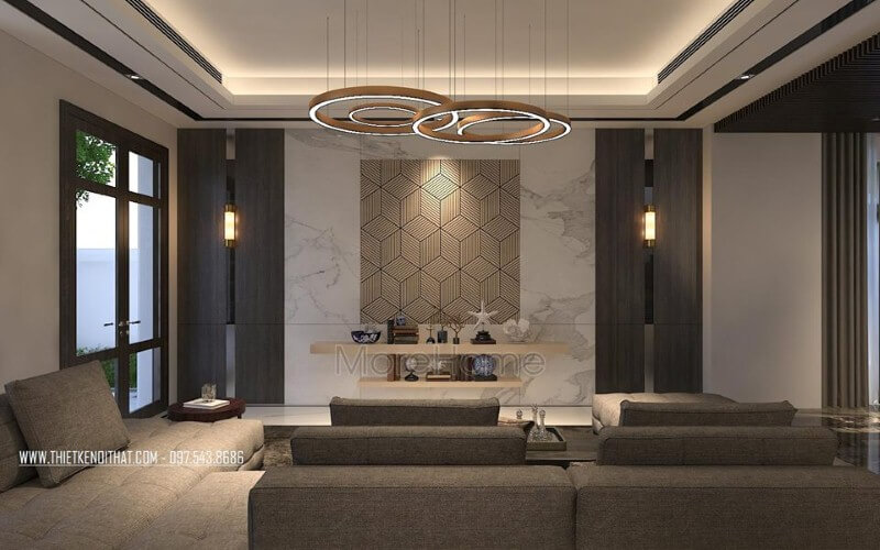 Thiết kế phòng khách hiện đại ấn tượng với đá ốp tường cao cấp cùng họa tiết 3D độc đáo. Thiết kế nội thất