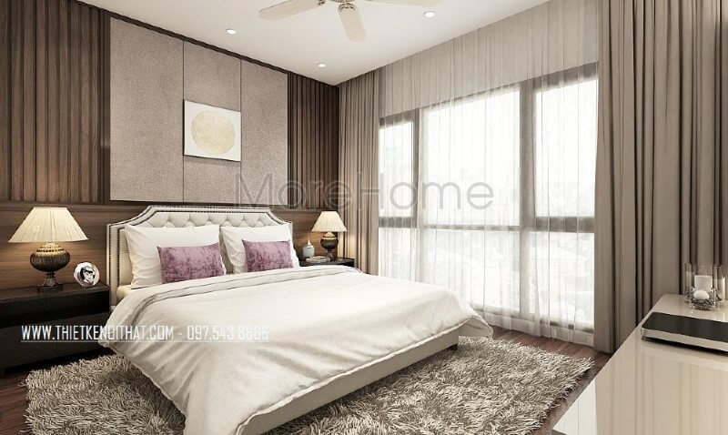 Giường ngủ bọc nệm gam sữa cùng họa tiết trang trí đẹp mắt từ các nút nệm cùng đường nét uốn lượn đầu giường tạo điểm nhấn độc đáo cho phòng ngủ master hiện đại. Thiết kế nội thất