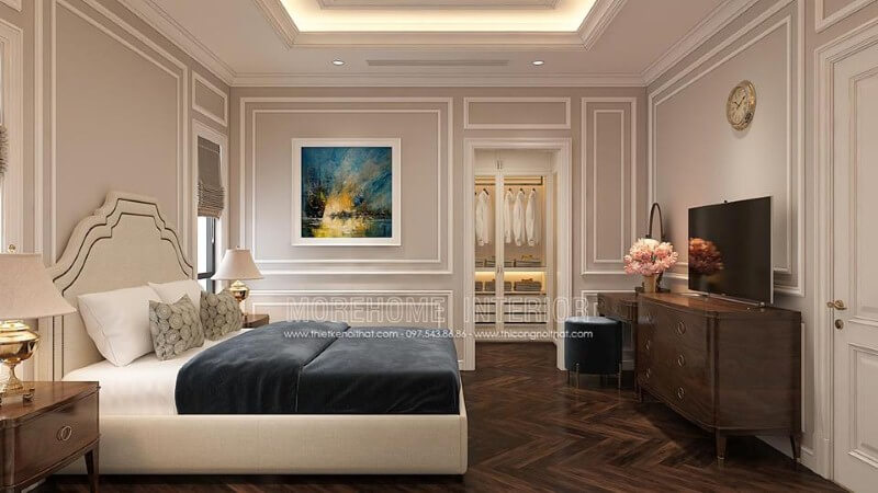 Sắp xếp nội thất phòng ngủ tân cổ điển nhẹ nhàng, sang trọng với giường bọc nệm trắng, kệ tivi gỗ óc chó cao cấp. thiết kế chung cư