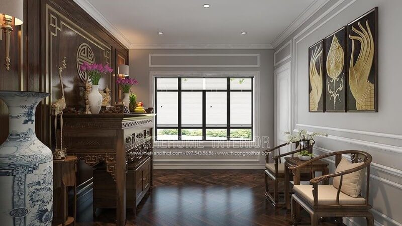 Thiết kế nội thất gỗ cao cấp cùng cách phối màu, trang trí tạo nên vẻ đẹp trang nghiệm, sang trọng cho phòng thờ. Thiết kế nội thất