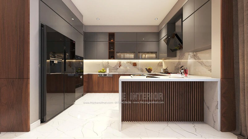 Tủ bếp gỗ acrylic đẹp sang trọng cho phòng bếp nhà phố, biệt thự hiện đại. Thiết kế nội thất