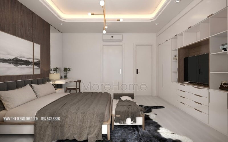 Bối cảnh phòng ngủ hiện đại đẹp, nhẹ nhàng sâu lắng với gam trắng từ tường kết hợp cùng gỗ óc chó sẫm màu ốp tường. Thiết kế nội thất