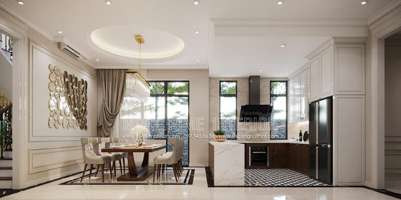 Phong cách đương đại đẹp sang trọng trong sắp xếp phòng ăn liền bếp. Thiết kế nội thất