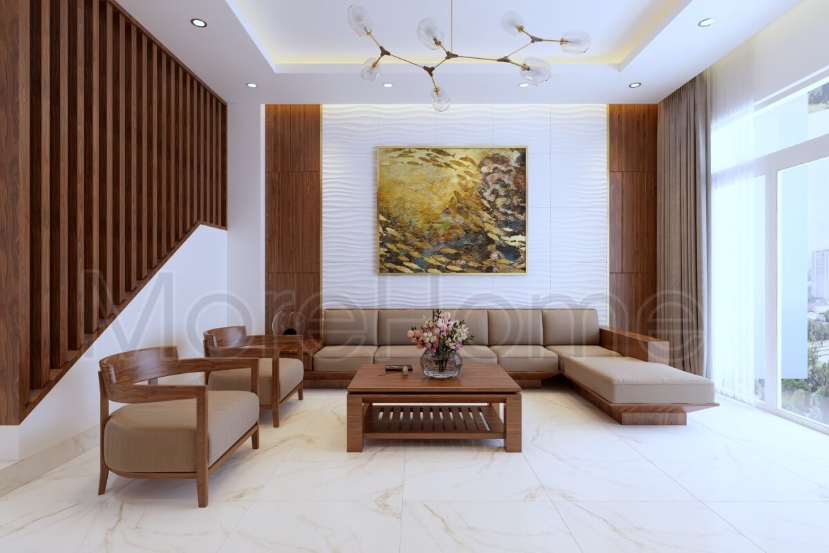 Thiết kế nhà phố với nội thất gỗ tự nhiên cao cấp cho phòng khách trở lên sang trọng và gần gủi với thiên nhiên