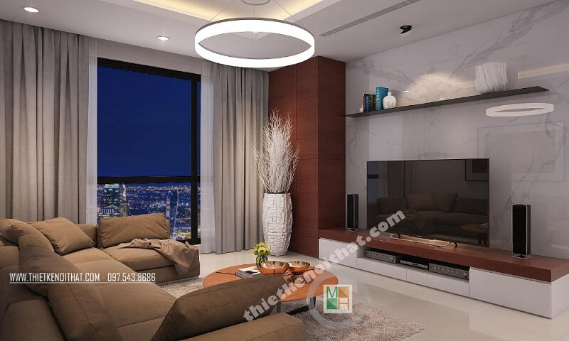 Mẫu thiết kế nội thất chung cư đẹp theo phong cách hiện đại với màu nền trắng trang nhã mang đến cảm giác gần gũi, ấm cúng