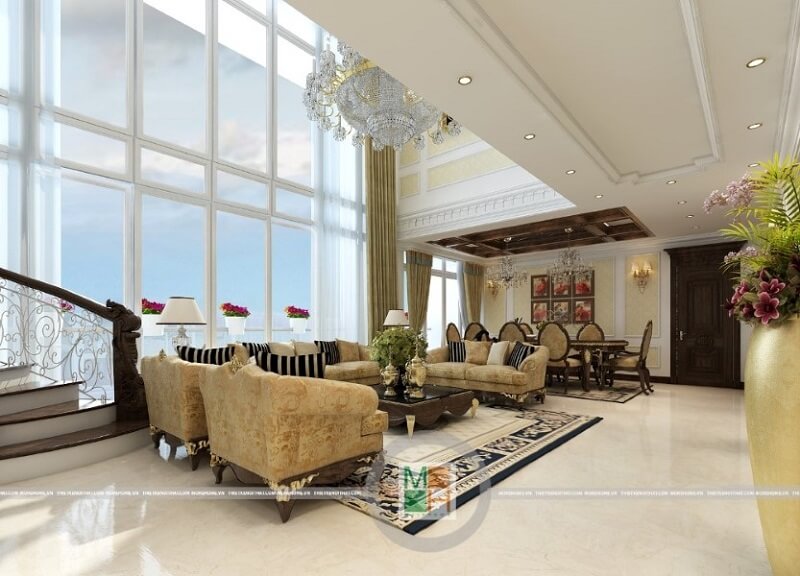 Mẫu thiết kế chung cư cao cấp kết hợp giữa màu sắc và ánh sáng với màu sắc đồng bộ, tạo sự tương phản nhất định và nổi bật lên phong cách của gia chủ.