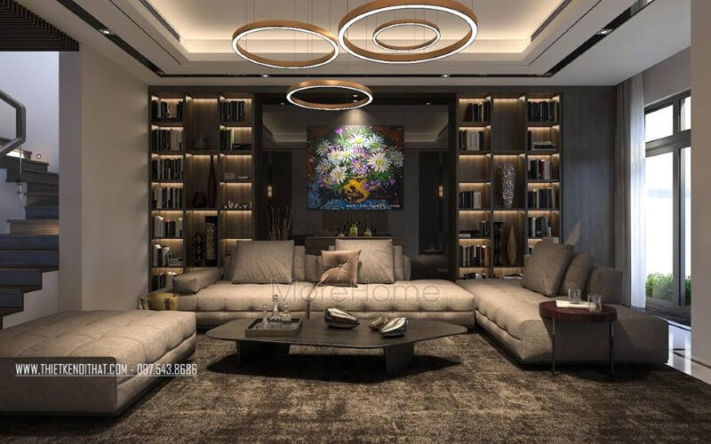 Sofa hiện đại màu xám cao cấp đẹp tạo điểm nhấn ấn tượng cho phòng khách rộng, lớn. Thiết kế nội thất