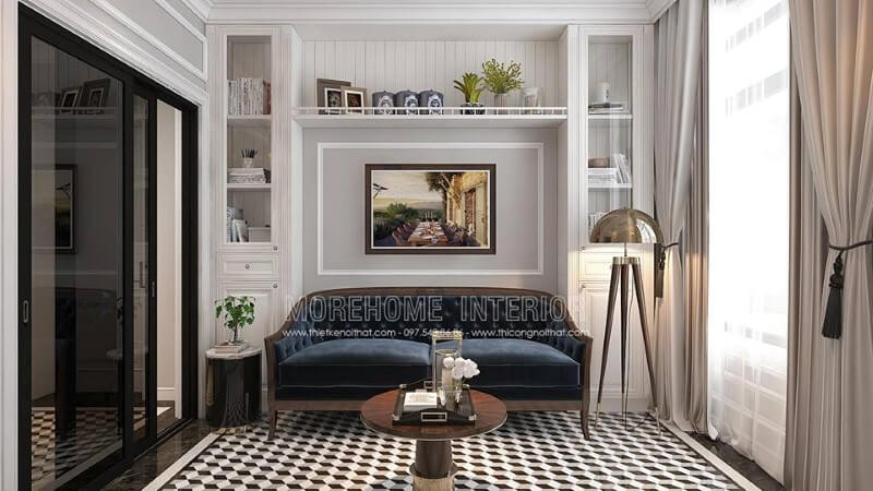 Kệ trang trí cùng ghế sofa được bố trí khá hợp lý giúp không gian vừa trở nên thông thoáng nhưng lại tạo điểm nhấn ấn tượng, độc đáo cho phòng đọc sách. Thiết kế nội thất