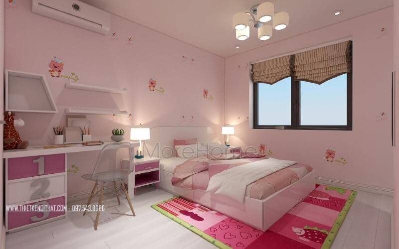 Trang trí phòng ngủ con gái đẹp, đáng yêu từ sắc hồng điểm nhấn. thiết kế chung cư