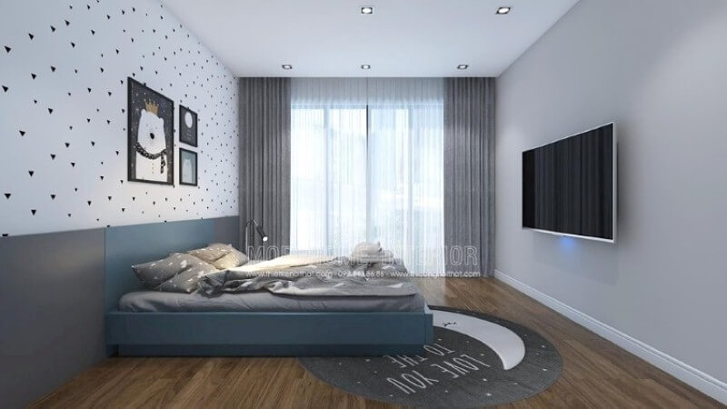 Ý tưởng trang trí phòng bé đơn giản với cửa lớn cùng rèm 2 lớp giúp phòng bé luôn tràn trề sinh khí nhưng vẫn giảm thiểu tối đa sức nóng ngày hè oi ả. thiết kế chung cư