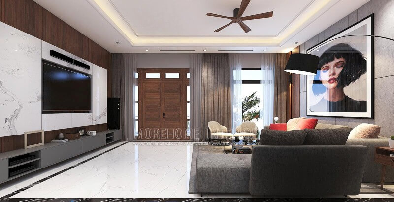 Bố trí nội thất phòng khách hiện đại đẹp, sang trọng từ đá ốp tường vân mây, tranh treo tường nghệ thuật cùng sofa hiện đại cao cấp. Thiết kế nội thất
