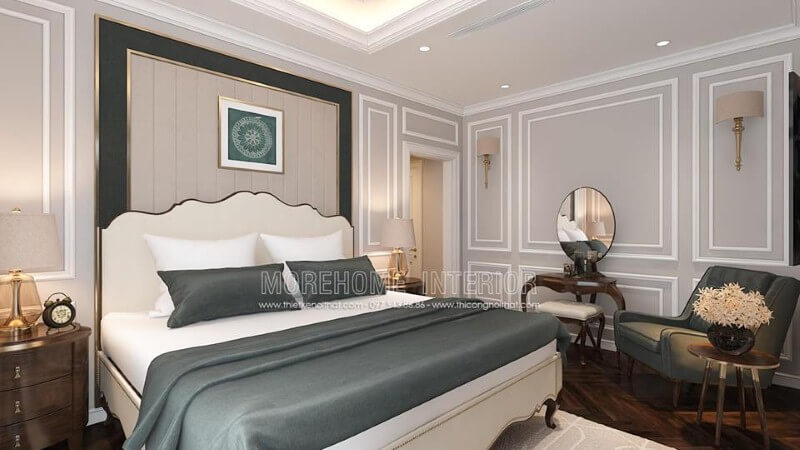 Giường ngủ gỗ kết hợp cùng nệm ốp đầu giường viền kim loại mạ vàng đã tạo nên vẻ đẹp sang trọng, quý phái cho phòng ngủ tân cổ điển cao cấp. Thiết kế nội thất