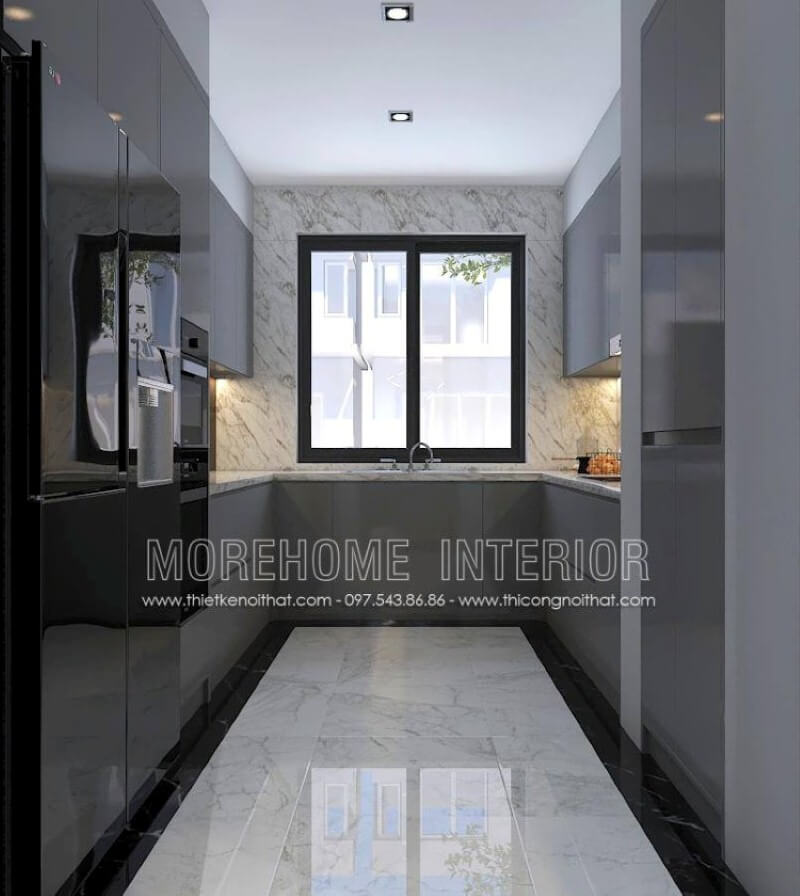 Xu hướng trang trí nội thất phòng bếp sử dụng gỗ công nghiệp acrylic màu xám cùng mảng tường lớn được trang trí bởi đá nhân tạo có vân là điểm nhấn đáng chú ý để bạn có thể rút ngắn thời gian vệ sinh phòng bếp mà vẫn giữ nguyên vẹn vẻ đẹp như ban đầu. Thiết kế nội thất