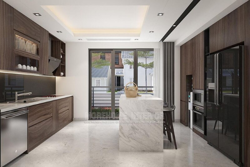 Thiết kế phòng bếp ấn tượng với ý tưởng tận dụng tối đa nguồn sáng nhưng không ảnh hưởng phong thủy. Thiết kế nội thất