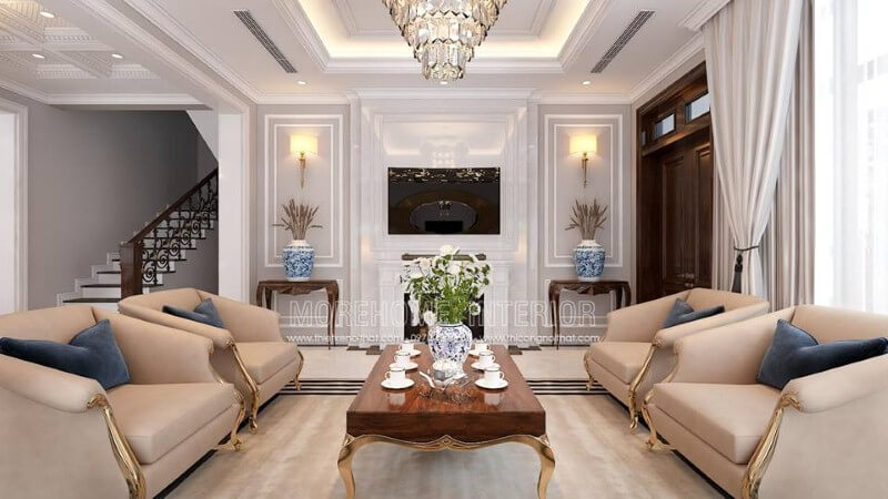 Sắp xếp nội thất phòng khách tân cổ điển đẹp, sang trọng tại Palm Garden. Thiết kế nội thất