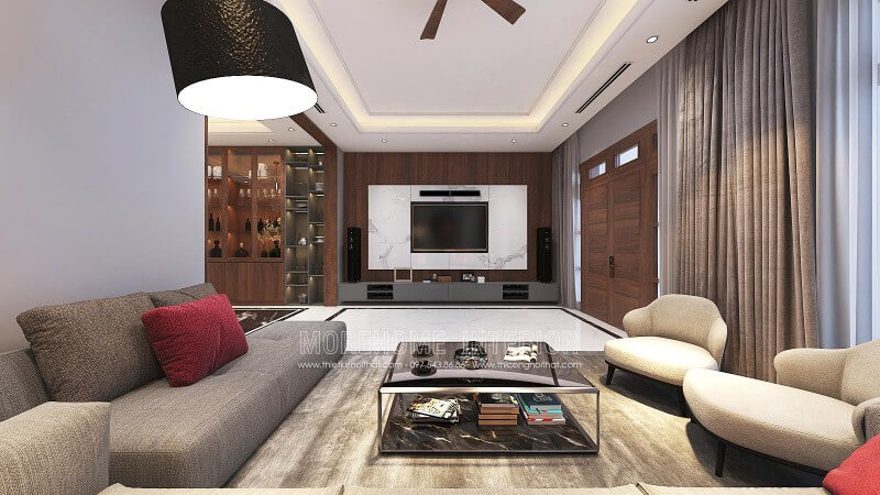 Thiết kế tường phòng khách đẹp với điểm nhấn từ đá trắng vân mây kết hợp cùng gỗ ốp tường cao cấp. Thiết kế nội thất