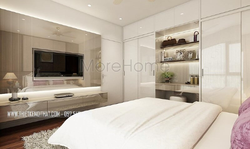 Kệ trang trí gỗ công nghiệp nhưng đẹp, sang trọng lựa chọn ấn tượng cho phòng ngủ vợ chồng hiện đại. Thiết kế nội thất