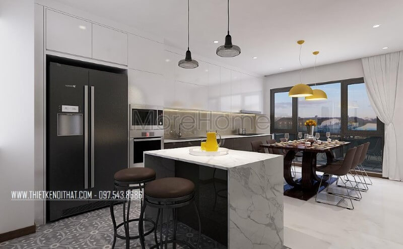 Trang trí nội thất phòng ăn, phòng bếp xen kẽ tạo nên nét đẹp hiện đại, sang trọng cho biệt thự, nhà phố. Thiết kế nội thất