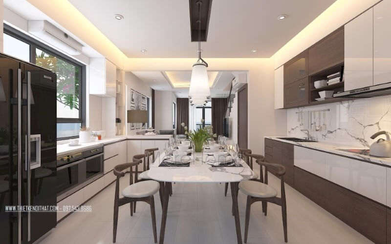 Trang trí nội thất phòng bếp hiện đại nhưng nhẹ nhàng, sang trọng. Thiết kế nội thất