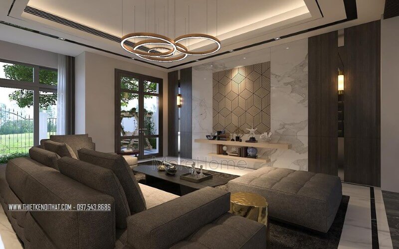 Thiết kế không gian phòng khách rộng, hiện đại ấn tượng với ý tưởng sử dụng gam màu đối lập từ xám trắng cùng đồ nội thất cao cấp. Thiết kế nội thất