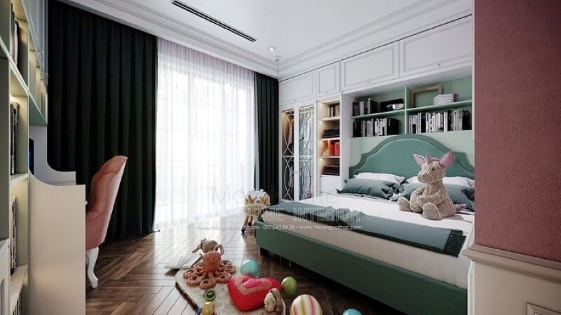 Giường ngủ bọc nệm xanh độc đáo cho phòng ngủ con gái. Thiết kế nội thất