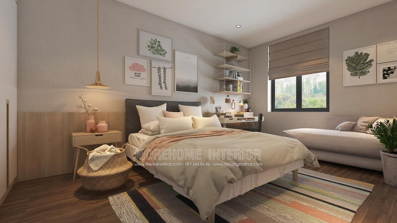 Thiết kế phòng ngủ ấn tượng với cách trang trí độc đáo từ những mảng lớn đơn sắc kết hợp cùng họa tiết điểm nhấn tạo nên nét đẹp sinh động, trẻ trung cho không gian. Thiết kế nội thất