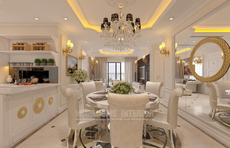 Mẫu bàn ănhiện đai với thiết kế độc đáo mặt bàn kính hình tròn kết hợp mẫu ghế ăn tân cổ điển cao cấp tạo điểm nhấn nổi bật cho căn phòng Thiết kế nội thất