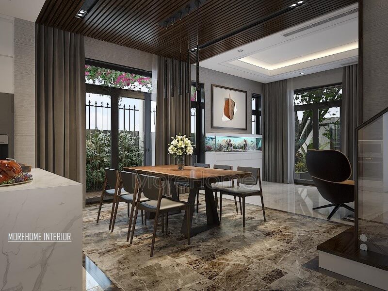 Thiết kế phòng ăn hiện đại, sang trọng với sự phá cách trong vật liệu trang trí từ đá lát sàn, gỗ ốp tường hay bàn gỗ óc chó nguyên tấm. Thiết kế nội thất