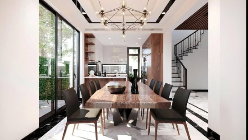Thiết kế nội thất phòng ăn ấn tượng ấn tượng với tone màu tương phản cao mang lại nét sang trọng độc đáo Thiết kế nội thất
