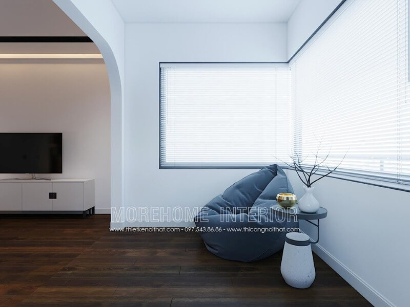Sàn gỗ óc chó kết hợp cùng tường trắng đơn sắc giúp không gian trở nên rộng hơn, thông thoáng hơn. Thiết kế nội thất