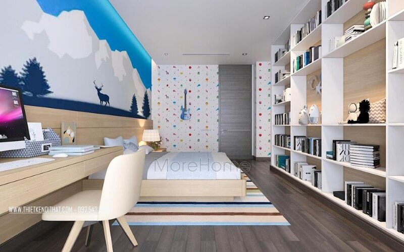 Sắp xếp nội thất phòng ngủ bé trai đẹp, sinh động với tranh, giấy dán tường bắt mắt. Thiết kế nội thất