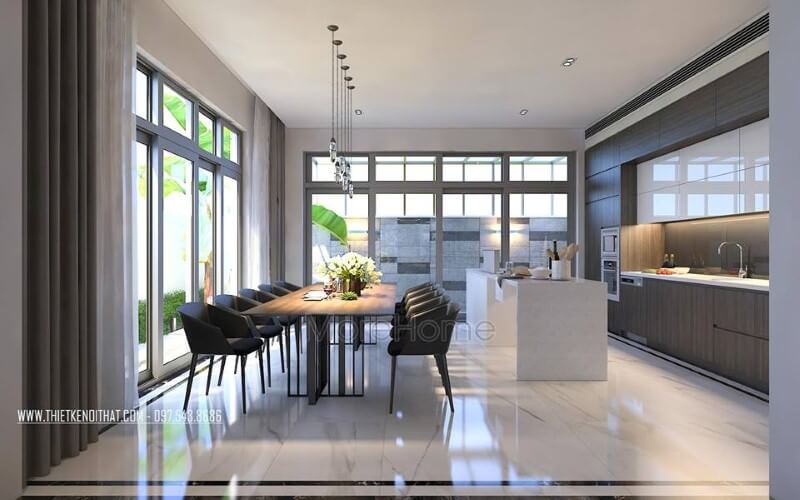 Sắp xếp nội thất phòng ăn hiện đại nhưng đẹp thông thoáng bởi ý tưởng tạo nên không gian mở từ hệ cửa kính rộng, lớn. Thiết kế nội thất