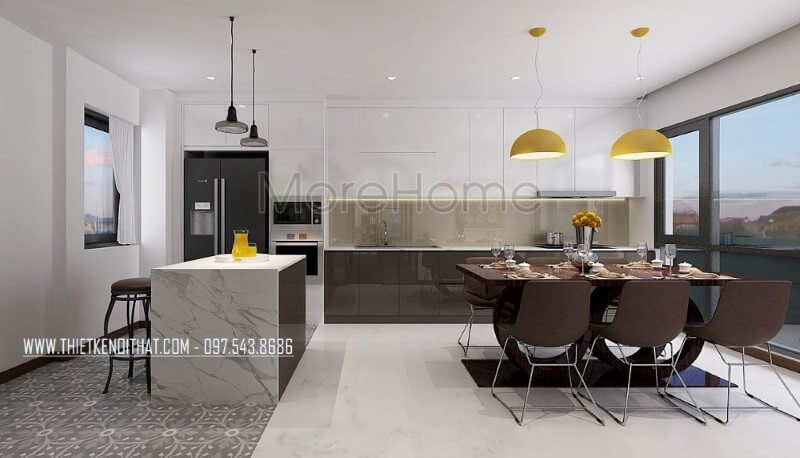 Trang trí phòng ăn lồng phòng bếp hiện đại tạo nên không gian vừa đẹp vừa tiện nghi vừa sang trọng. Thiết kế nội thất