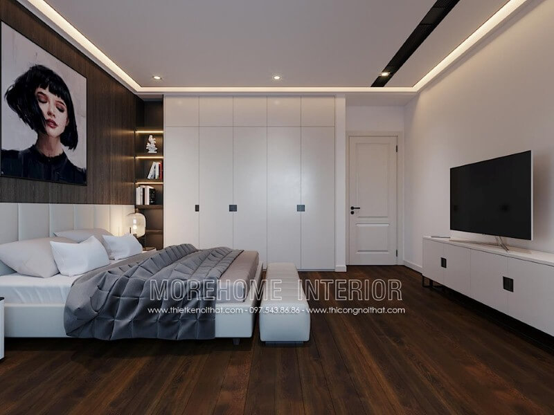 Thiết kế nội thất phòng ngủ ấn tượng với tủ quần áo gỗ công nghiệp kết hợp kệ trang trí sát giường ngủ. Thiết kế nội thất
