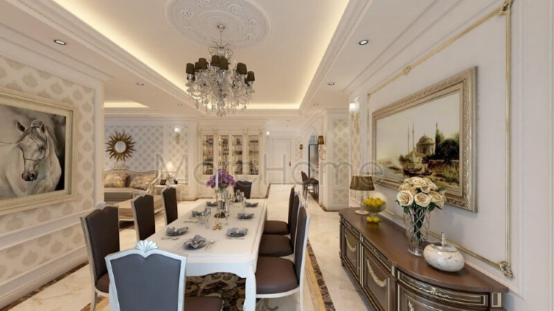 Mẫu bàn ghế ăn tân cổ điển giúp cho gia chủ thuận tiện hơn trong quá trình dùng bữa cũng của mọi thành viên trong gia đình cũng như những buổi tiệc tiếp đãi khách tới chơi nhà Thiết kế nội thất