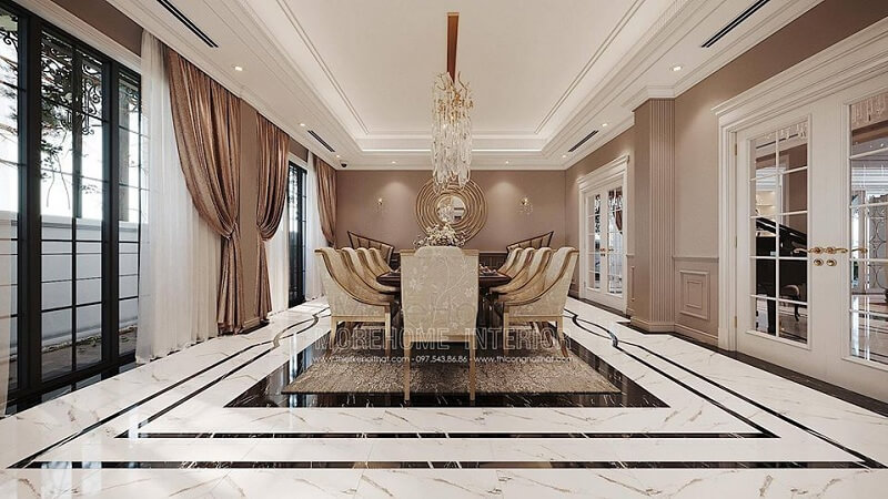 Mẫu bàn ăn gỗ tân cổ điển với tông màu vàng kim sang trọng đươc sản xuất tại MoreHome Thiết kế nội thất