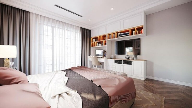 Bàn học liền kệ trang trí, kệ tivi, tủ đựng đồ tạo không gian đẹp, liền mạch, tối giản diện tích nhưng lại đảm bảo công năng hiệu quả cho phòng bé gái. Thiết kế nội thất