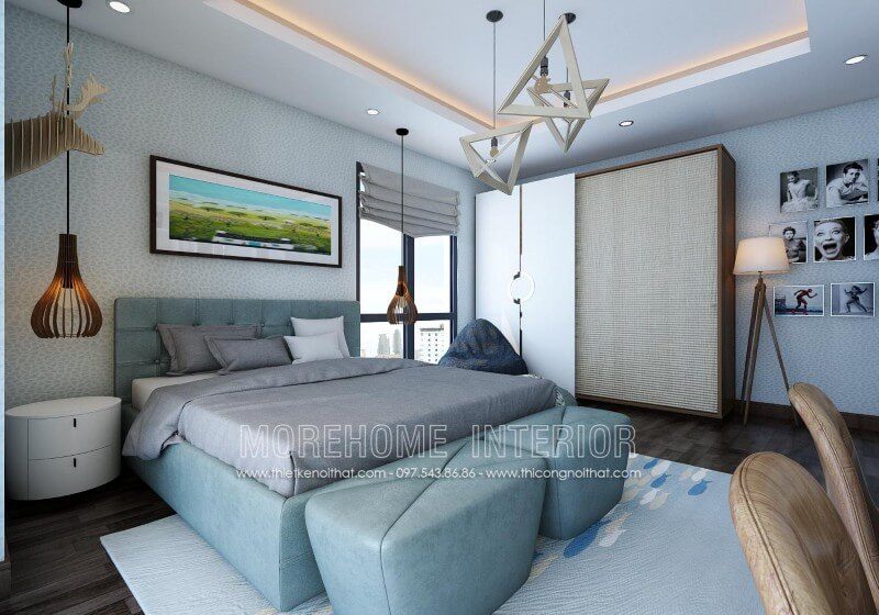 . Giường ngủ tuyệt đẹp này được thiết kế đơn giản bằng khung gỗ tần bì cao cấp. Nó được bọc hoàn toàn bởi một lớp da màu xanh nhẹ nhàng, mang lại sự thoải mái cho người nằm trên đó.