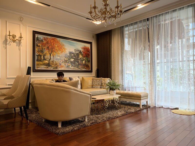 Hình ảnh thực tế của công trình nội thất phòng khách tân cổ điển đẹp cao cấp tại chung cư Vinhomes Nguyễn Chí Thanh, quận Đống Đa, Hà Nội đã hoàn thành.